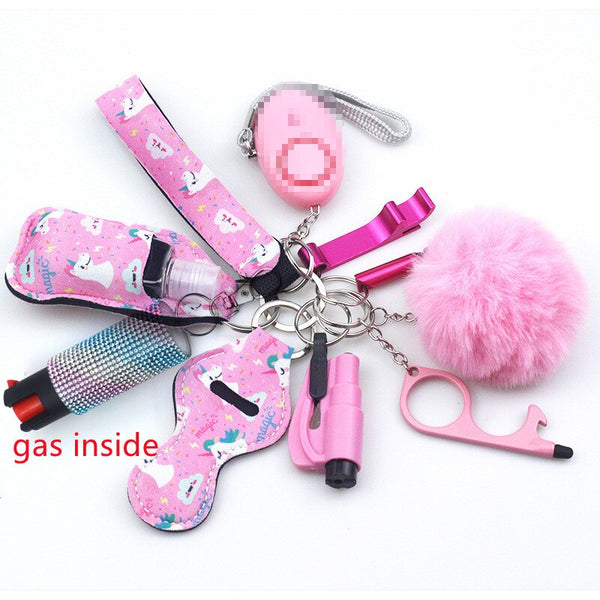 Self Defense Keychain Set Bundle with Pepper Spray, Alarm, Whistle, Window Breaker in a Pink Unicorn Design