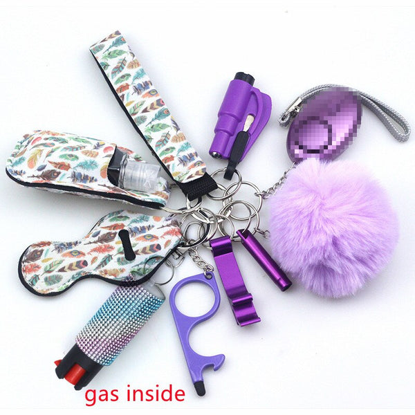 Self Defense Keychain Set Bundle with Pepper Spray, Alarm, Whistle, Window Breaker in Purple Feathers Design