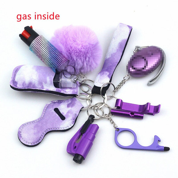 Self Defense Keychain Set Bundle with Pepper Spray, Alarm, Whistle, Window Breaker in Purple Sky Design