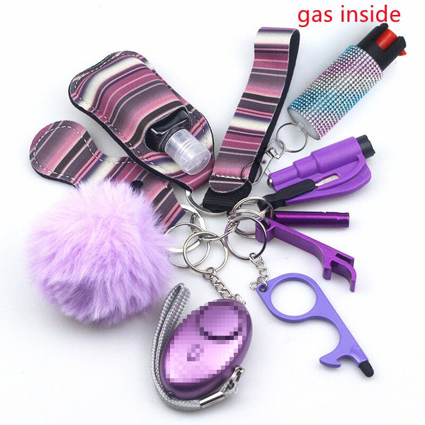 Self Defense Keychain Set Bundle with Pepper Spray, Alarm, Whistle, Window Breaker in Purple Stripes Color