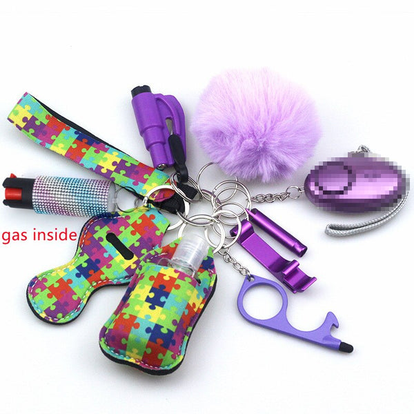 Self Defense Keychain Set Bundle with Pepper Spray, Alarm, Whistle, Window Breaker in a Rainbow Jigsaw Design