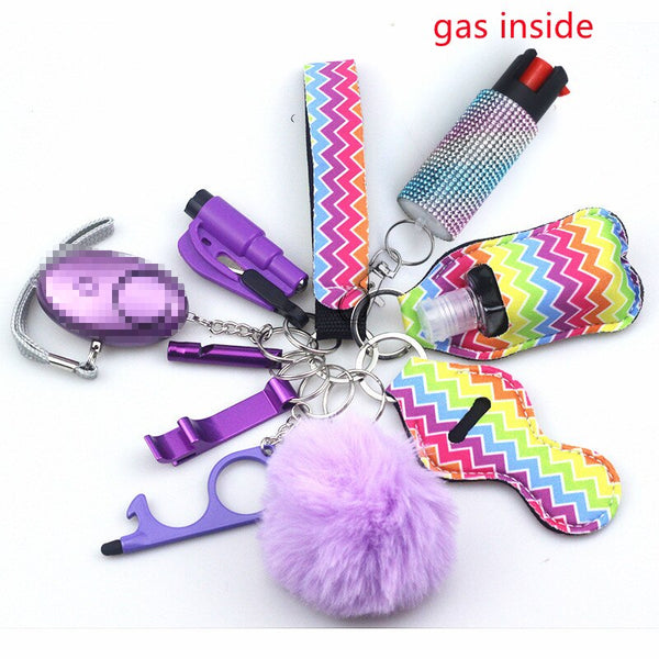 Self Defense Keychain Set Bundle with Pepper Spray, Alarm, Whistle, Window Breaker in Rainbow Zigzag Pattern