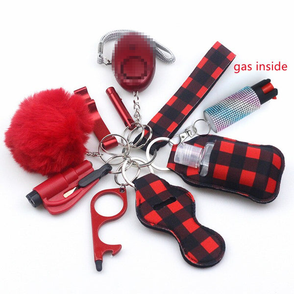 Self Defense Keychain Set Bundle with Pepper Spray, Alarm, Whistle, Window Breaker in a Red Checkerboard Pattern