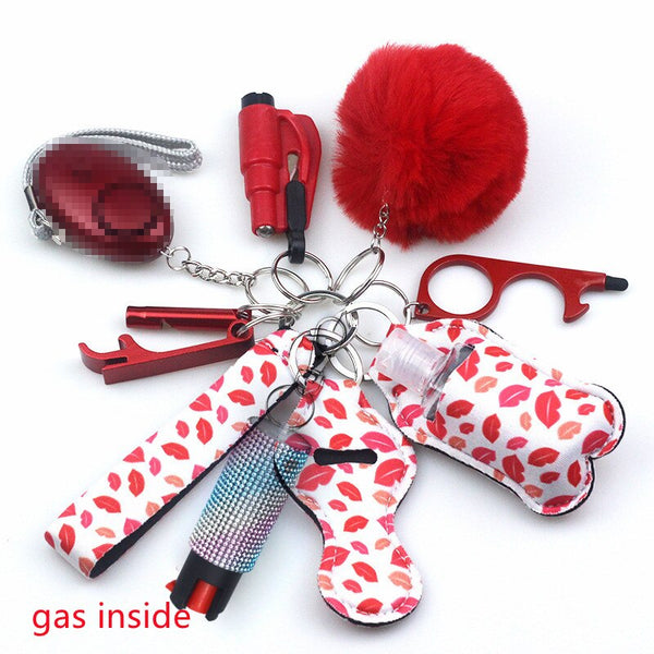 Self Defense Keychain Set Bundle with Pepper Spray, Alarm, Whistle, Window Breaker in a Red Kisses Pattern
