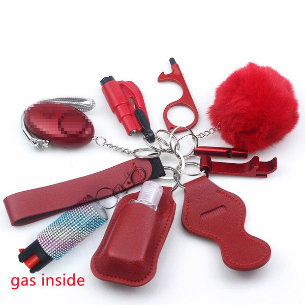 Self Defense Keychain Set Bundle with Pepper Spray, Alarm, Whistle, Window Breaker in Red Matte Color