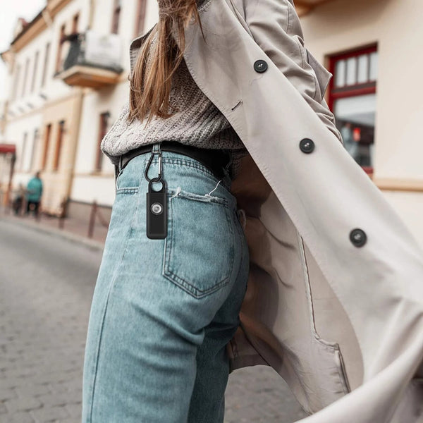 Personal Alarm Keychain Black Attached To Girl's Belt Loop