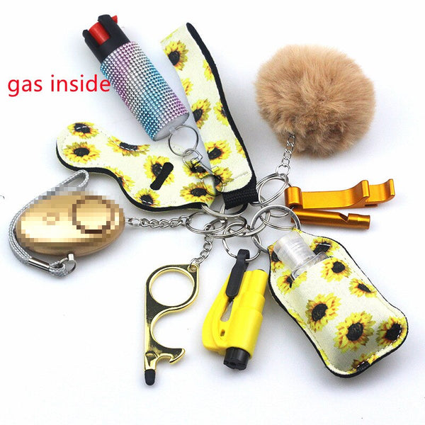 Self Defense Keychain Set Bundle with Pepper Spray, Alarm, Whistle, Window Breaker in a Sunflowers White Design