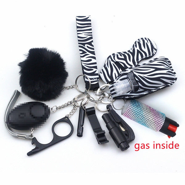 Self Defense Keychain Set Bundle with Pepper Spray, Alarm, Whistle, Window Breaker in Zebra Pattern