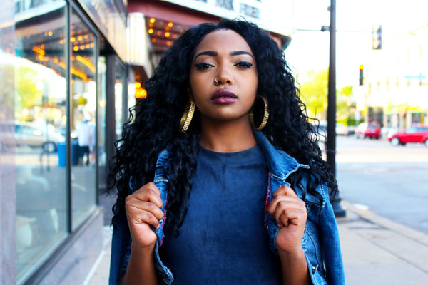 Female Fashion Model Wearing Denim Jacket in Springtime