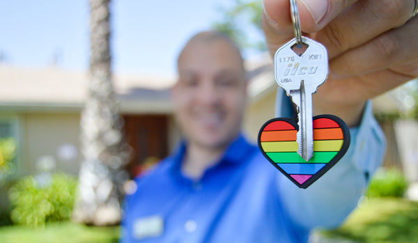 Man Holding Rainbow Heart PU Leather Keychain