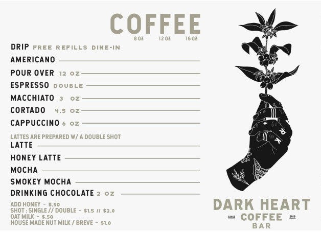 Dark Heart Coffee Bar Menu