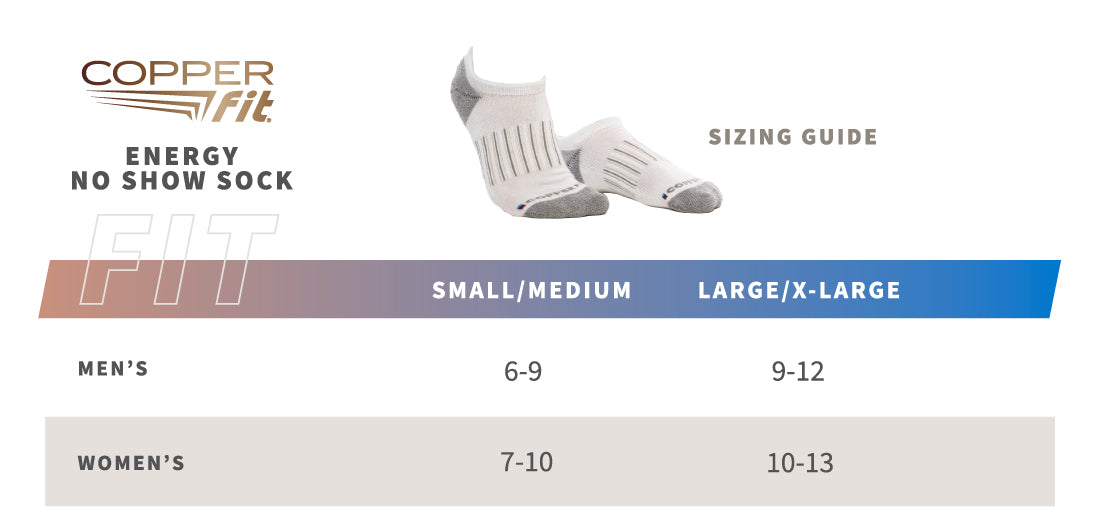 Cushioned No Show Energy Socks size guide