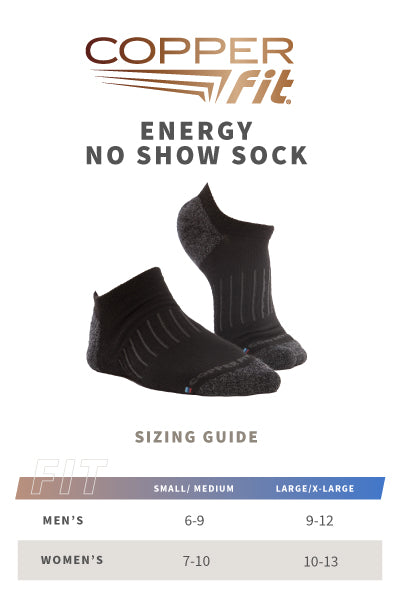 Cushioned No Show Energy Socks size guide