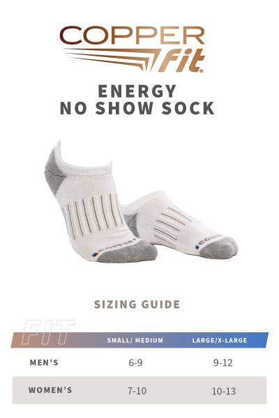 Cushioned No Show Energy Socks size guide