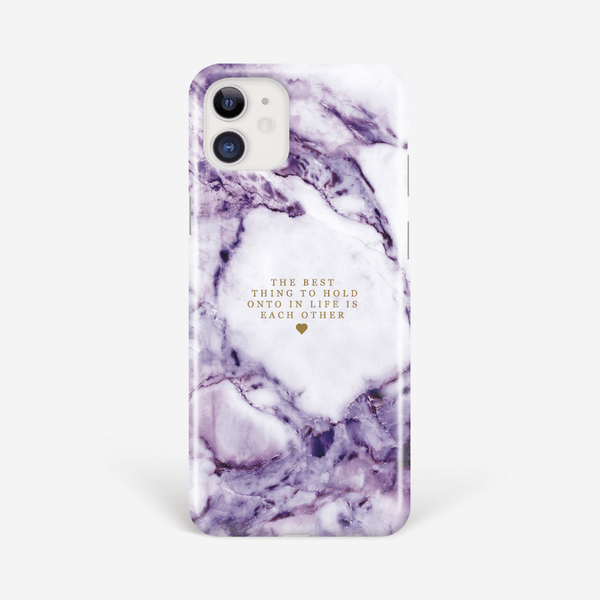 Purple Marble iPhone 11 Case with central personalised quote in a gold serif font