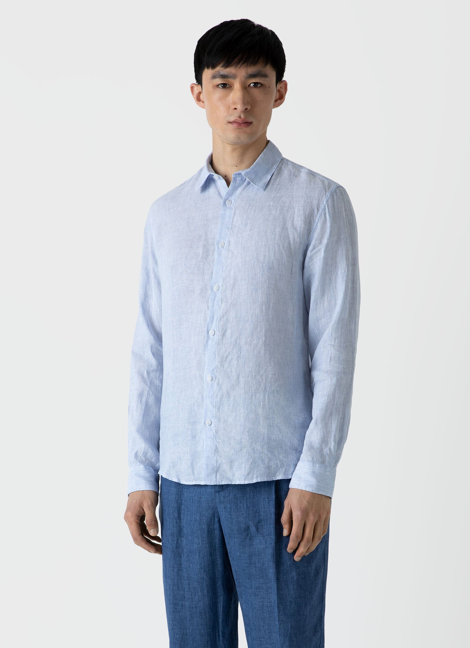 Ice Blue Casual Cotton Linen Shirt By Nologo, NLFFHS-138N