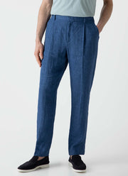 Men's Pleated Linen Trouser in Blue Melange