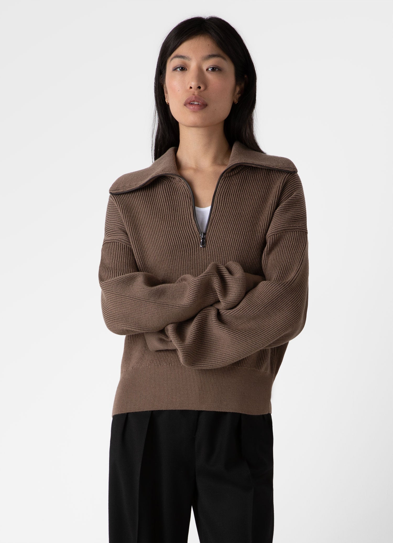 Women's Wool Cashmere Rib Zip Neck in Oatmeal Melange