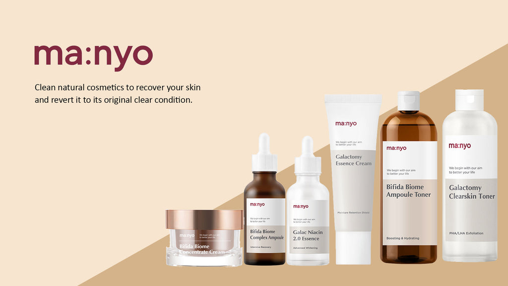 6 Manyo products display on a beige and brown background