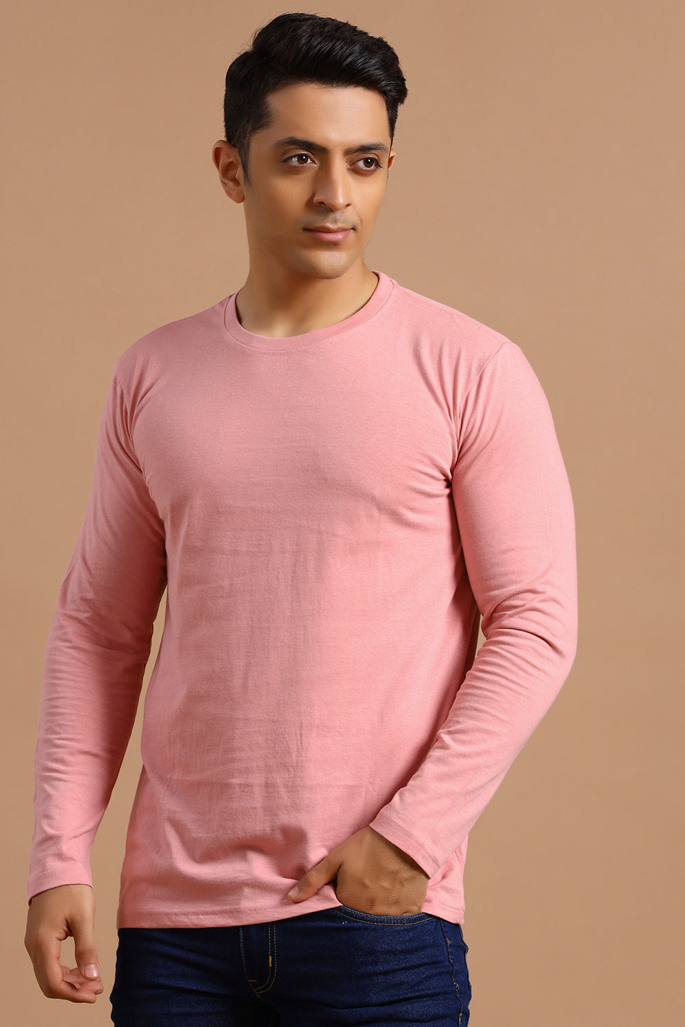 Men Solid Long Sleeve T-Shirt - Dull Pink