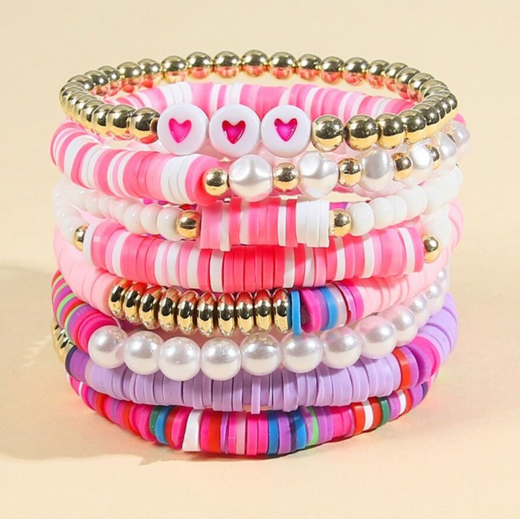 6pcs/set Girls Cute Pink Bracelets Set Fashionable Rainbow-colored