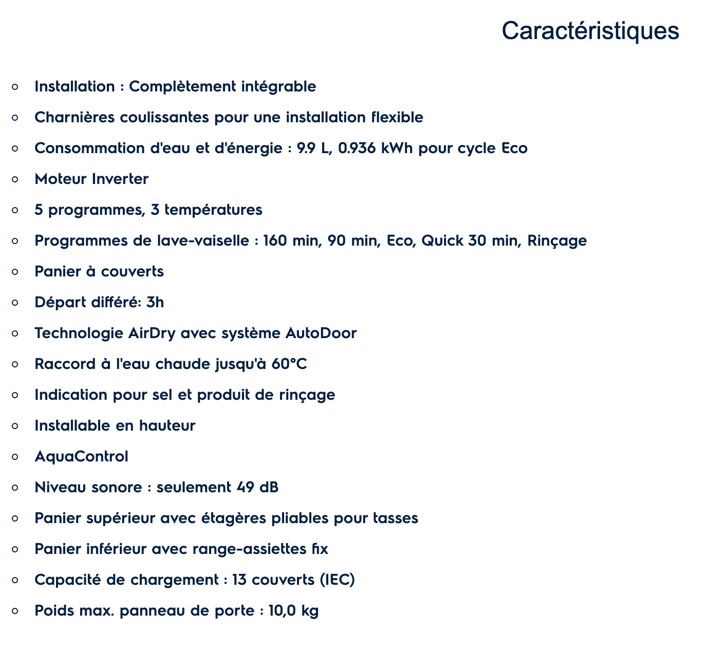 Caractéristique Lave Vaisselle AEG Encastrable