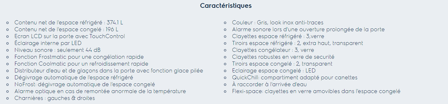 Caractéristiques Frigo américain AEG