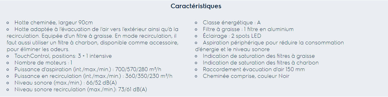 Caractéristiques hotte Zanussi