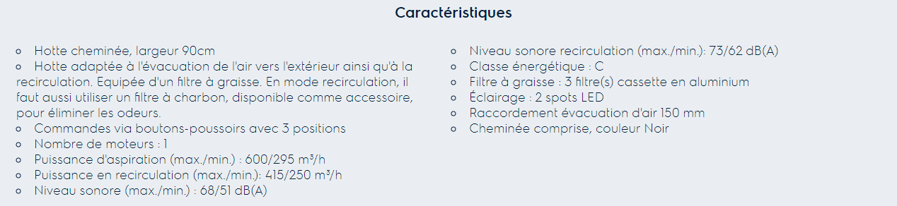 Caractéristiques Zanussi hotte cheminée