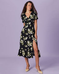 the-black-v-neck-floral-puff-sleeve-midi-dress