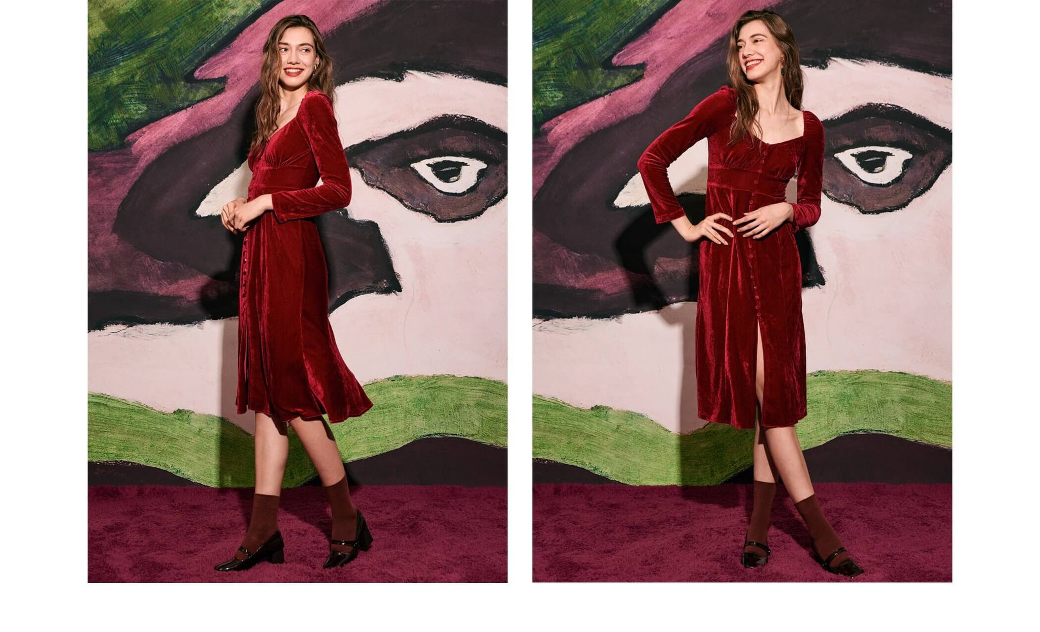 The Red Puff Sleeve Long Sleeve Velvet Dress - RIHOAS