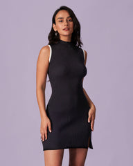 the-black-mock-neck-contrast-knit-mini-dress