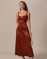 The Brown Sweetheart Neck Ruched Maxi Dress