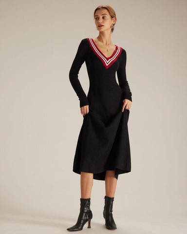 The Black V Neck Contrast Sweater Midi Dress