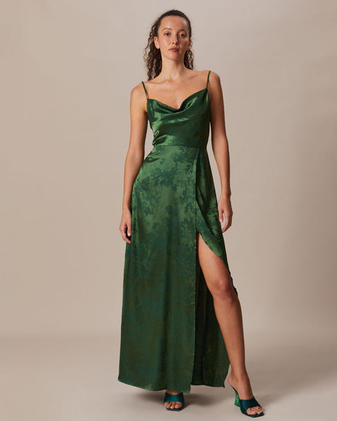 The Green Cowl Neck Jacquard Satin Maxi Dress