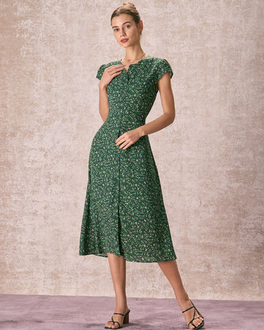 The Green Crew Neck Button-up Floral Midi Dress