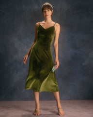 The Green V Neck Sheath Velvet Midi Dress