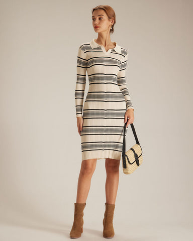 The Beige Lapel Stripe Sweater Midi Dress