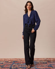 The Navy V Neck Polka Dot Tie Front Blouse