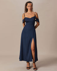 The Navy V Neck Shirred Backless Maxi Dress