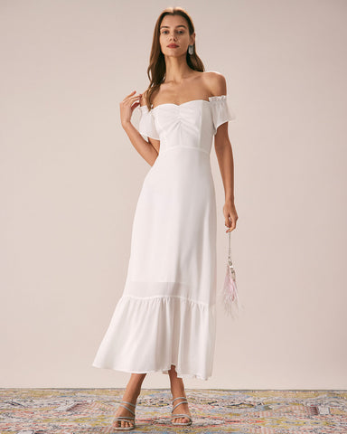 The White Off The Shoulder Ruffle Maxi Dress