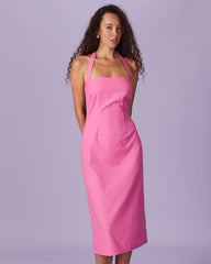 The Pink Halter Backless Slit Midi Dress