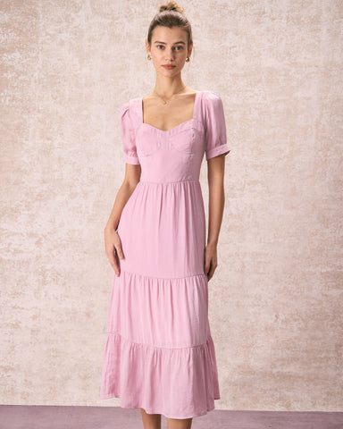 The Pink Sweetheart Neck Ruched Midi Dress