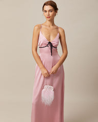 The Pink V Neck Cross Back Satin Maxi Dress