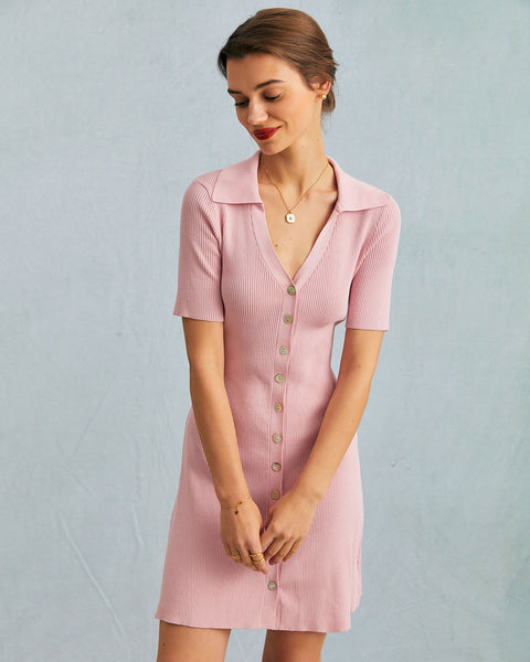 The Pink V-Neck Knit Ribbed Mini Dress