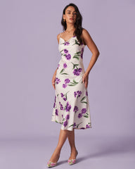 The Purple Cowl Neck Floral Satin Midi Dress