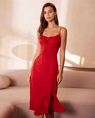 The Red Square Neck Jacquard Satin Midi Dress