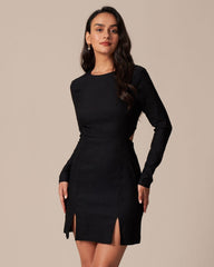 The Black Round Neck Cutout Slit Mini Dress