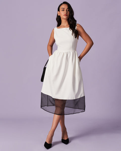 the-white-round-neck-spliced-mesh-midi-dress