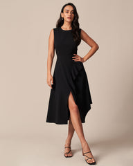 The Black Round Neck Ruffle Slit Midi Dress